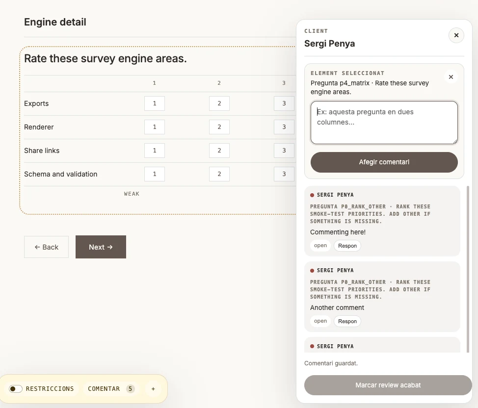 A reviewer reads the survey and leaves comments from a side panel